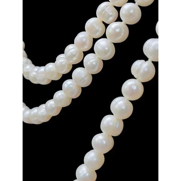 Freshwater Ringed Pearl Necklace 80" Glowing Bridal White 9mm-10mm Free Form